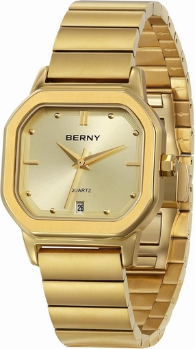BERNY Gold Watch for Men Luxury Square Quartz Watch Men's Casual Analog Watches with Date Calendar Japanese Movement Stainless Steel Case/Watch Band