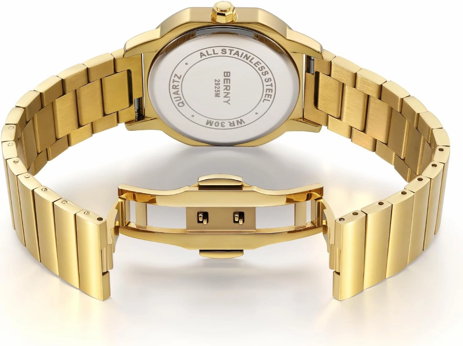 BERNY Gold Watch for Men Luxury Square Quartz Watch Men's Casual Analog Watches with Date Calendar Japanese Movement Stainless Steel Case/Watch Band
