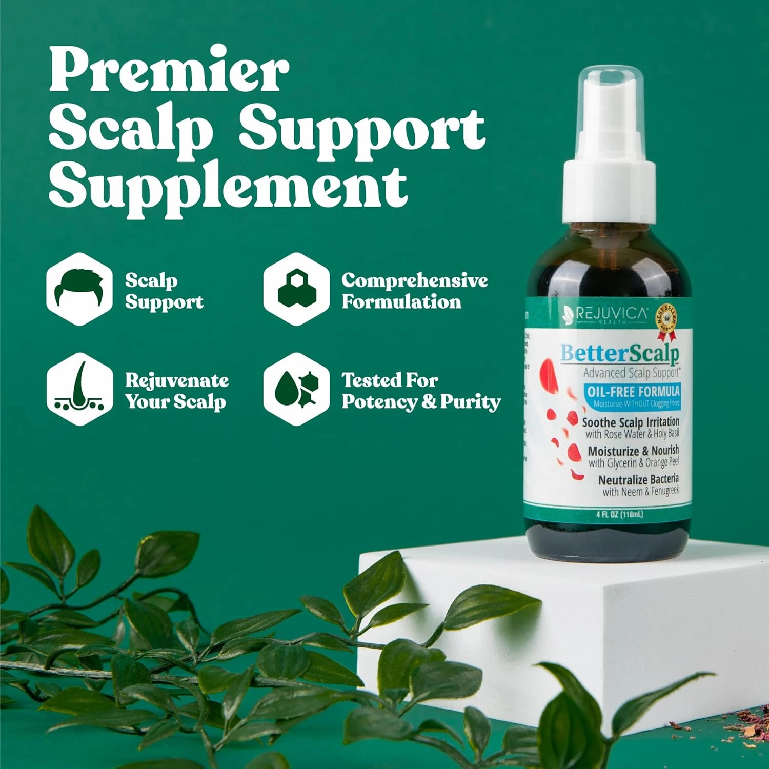 BetterScalp - Natural Itchy Scalp Support Formula - Nature Based Liquid and Gentle, Soothing Formulation - Rose Water, Holy Basil, Neem & More!