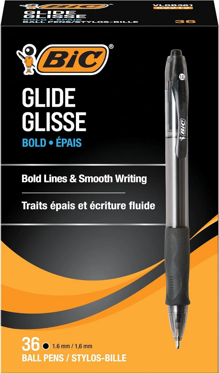BIC Glide Bold Retractable Ballpoint Pens, Bold Point (1.6mm), Black Ink Pens, 36-Count Pack, Pens for School and Office Supplies (VLGB361-BLK)