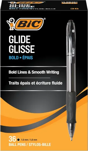 BIC Glide Bold Retractable Ballpoint Pens, Bold Point (1.6mm), Black Ink Pens, 36-Count Pack, Pens for School and Office Supplies (VLGB361-BLK)