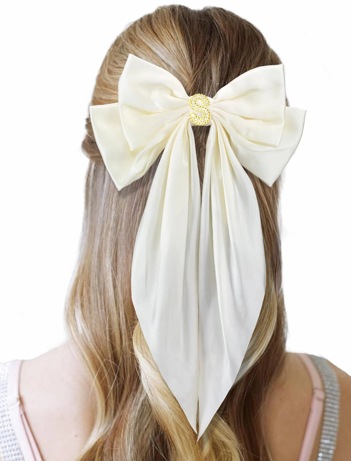 Big Initial Hair Bows, 2Pcs Satin Hair Clips for Women, Cute Hair Accessories for Girls, Hair Ribbon Barrettes, Personalized Gifts for Wedding Birthday Christmas Valentines(Black&Beige, S)
