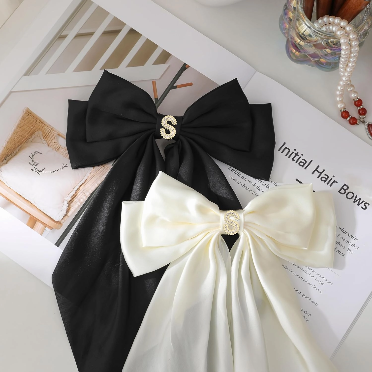 Big Initial Hair Bows, 2Pcs Satin Hair Clips for Women, Cute Hair Accessories for Girls, Hair Ribbon Barrettes, Personalized Gifts for Wedding Birthday Christmas Valentines(Black&Beige, S)