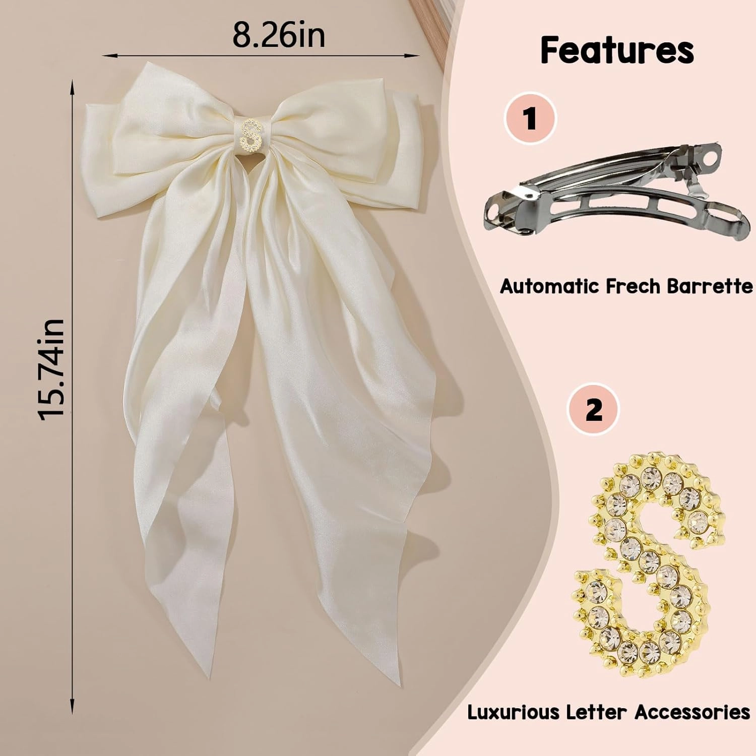 Big Initial Hair Bows, 2Pcs Satin Hair Clips for Women, Cute Hair Accessories for Girls, Hair Ribbon Barrettes, Personalized Gifts for Wedding Birthday Christmas Valentines(Black&Beige, S)