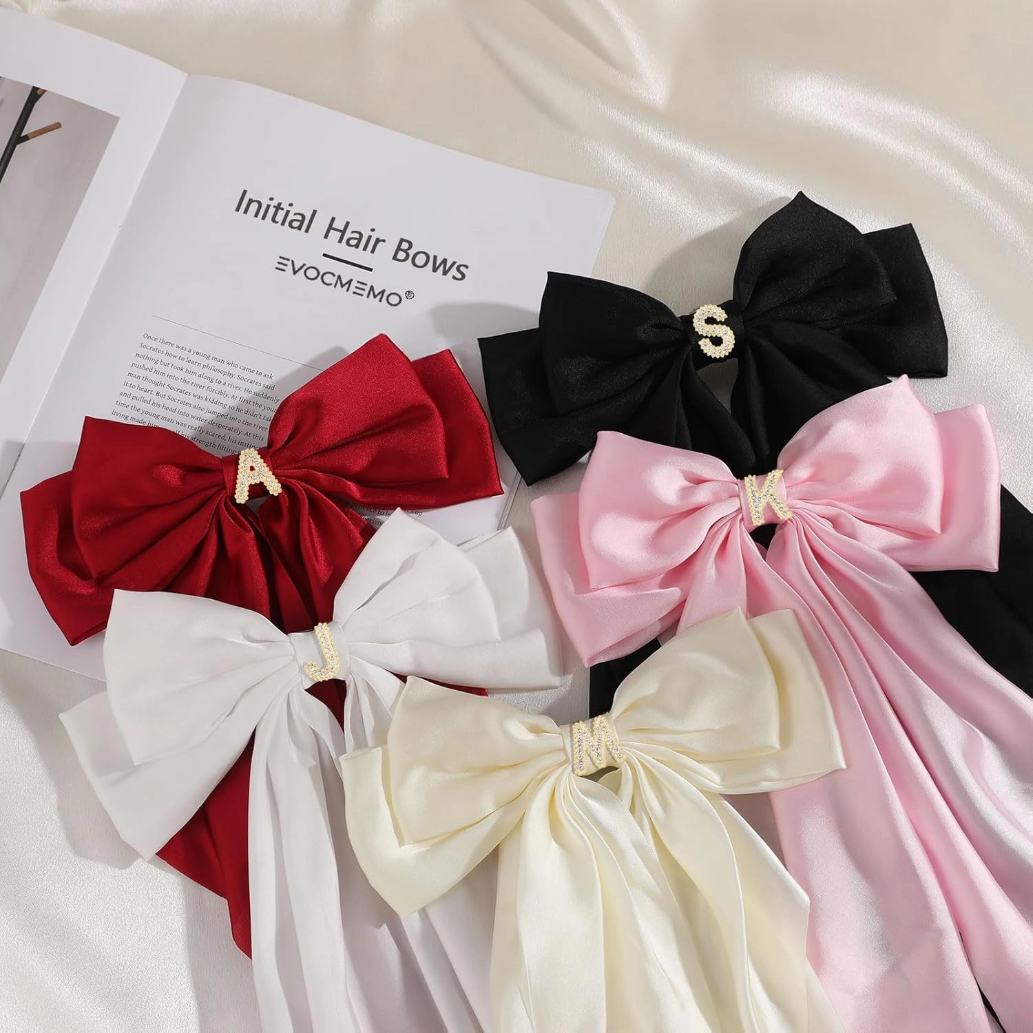 Big Initial Hair Bows, 2Pcs Satin Hair Clips for Women, Cute Hair Accessories for Girls, Hair Ribbon Barrettes, Personalized Gifts for Wedding Birthday Christmas Valentines(Black&Beige, S)