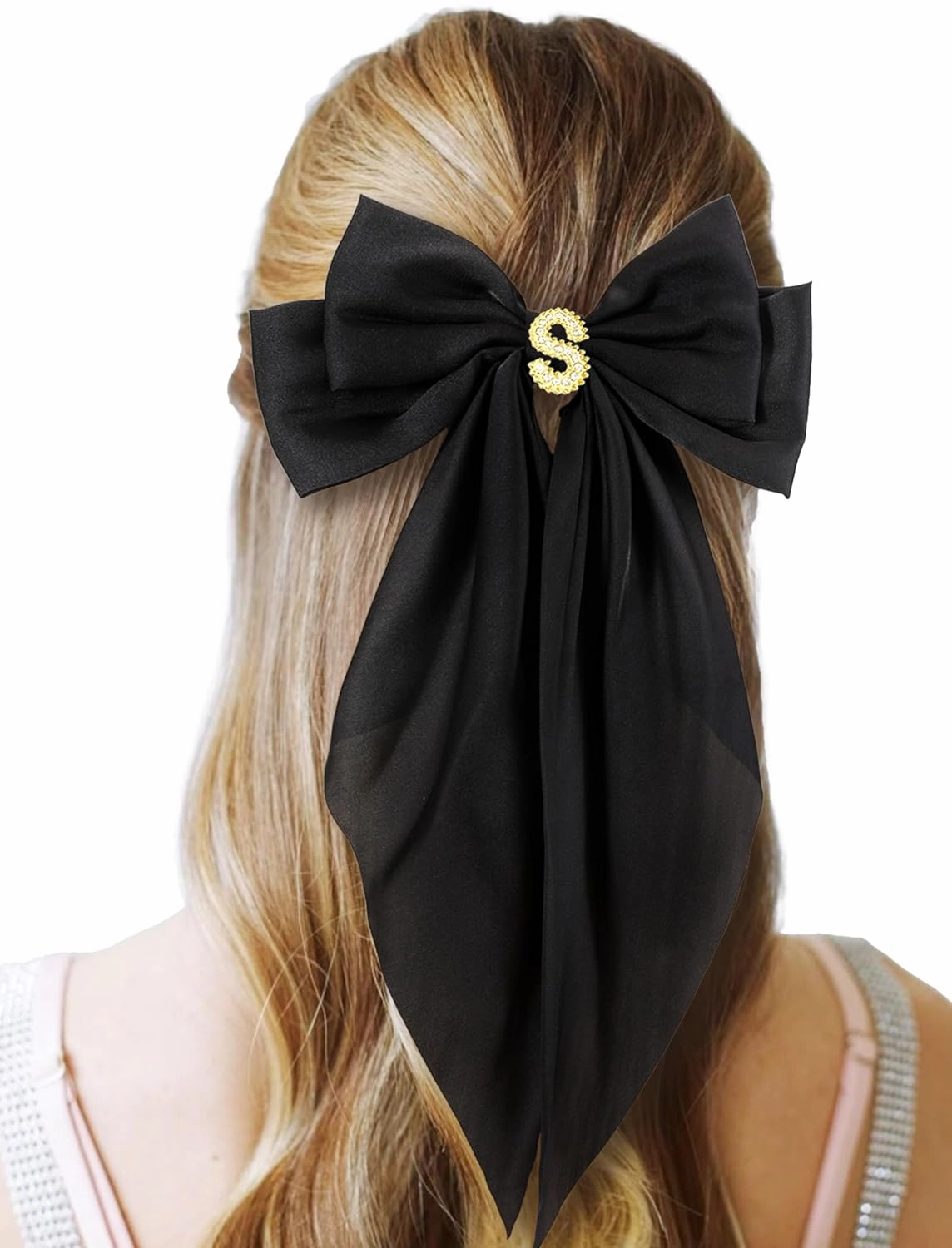 Big Initial Hair Bows, 2Pcs Satin Hair Clips for Women, Cute Hair Accessories for Girls, Hair Ribbon Barrettes, Personalized Gifts for Wedding Birthday Christmas Valentines(Black&Beige, S)