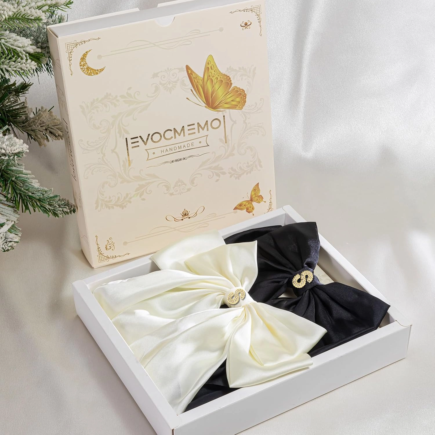 Big Initial Hair Bows, 2Pcs Satin Hair Clips for Women, Cute Hair Accessories for Girls, Hair Ribbon Barrettes, Personalized Gifts for Wedding Birthday Christmas Valentines(Black&Beige, S)