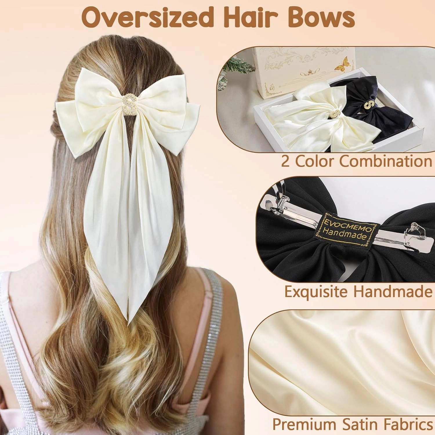 Big Initial Hair Bows, 2Pcs Satin Hair Clips for Women, Cute Hair Accessories for Girls, Hair Ribbon Barrettes, Personalized Gifts for Wedding Birthday Christmas Valentines(Black&Beige, S)