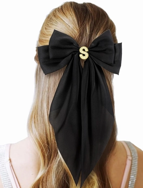 Big Initial Hair Bows, 2Pcs Satin Hair Clips for Women, Cute Hair Accessories for Girls, Hair Ribbon Barrettes, Personalized Gifts for Wedding Birthday Christmas Valentines(Black&Beige, S)