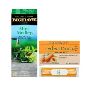 Bigelow Medicine Ball Cold Buster Tea Bundle by Foxtail Collective: 28 sachets Mint Medley and 20 sachets of Perfect Peach | Ten 100% Grade A Honey Straws | 6 Recipes