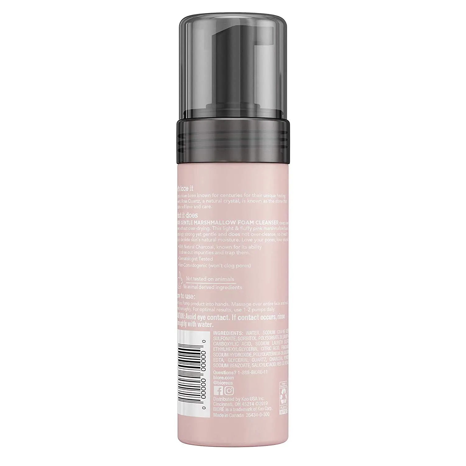Bioré Rose Quartz   Charcoal Gentle Marshmallow Foam Cleanser, Daily Foaming Face Wash, 5 Ounces, Oil Free, Dermatologist Tested, Non-Comedogenic, Cruelty Free, Vegan Friendly