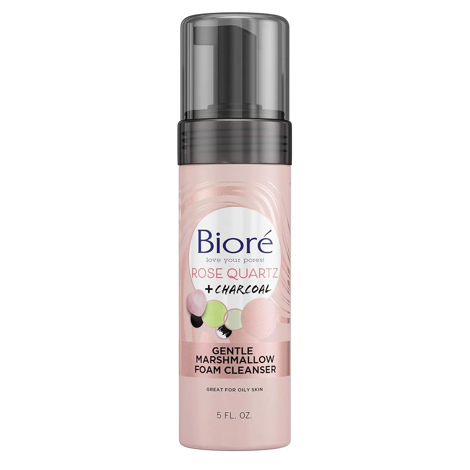 Bioré Rose Quartz   Charcoal Gentle Marshmallow Foam Cleanser, Daily Foaming Face Wash, 5 Ounces, Oil Free, Dermatologist Tested, Non-Comedogenic, Cruelty Free, Vegan Friendly