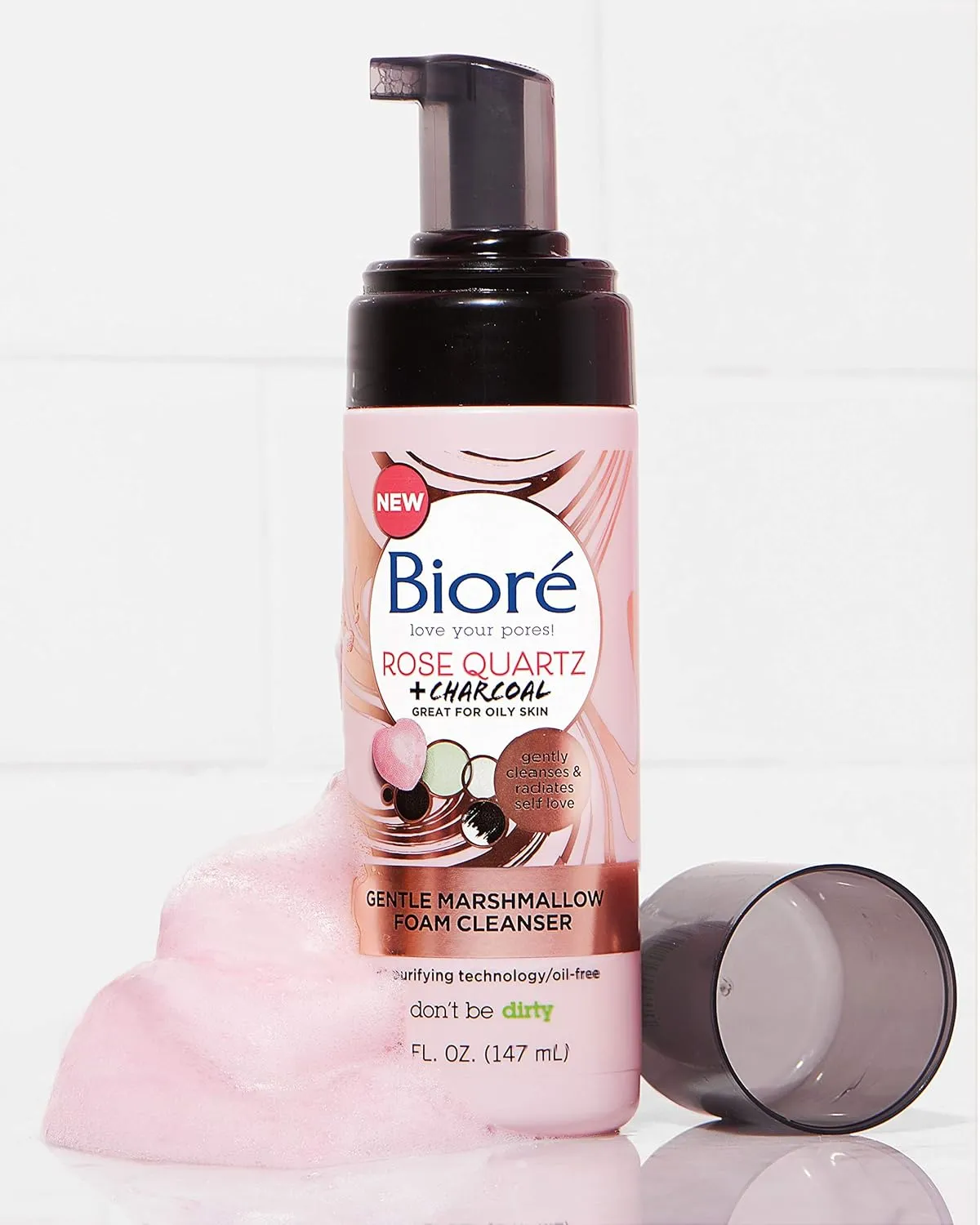 Bioré Rose Quartz   Charcoal Gentle Marshmallow Foam Cleanser, Daily Foaming Face Wash, 5 Ounces, Oil Free, Dermatologist Tested, Non-Comedogenic, Cruelty Free, Vegan Friendly