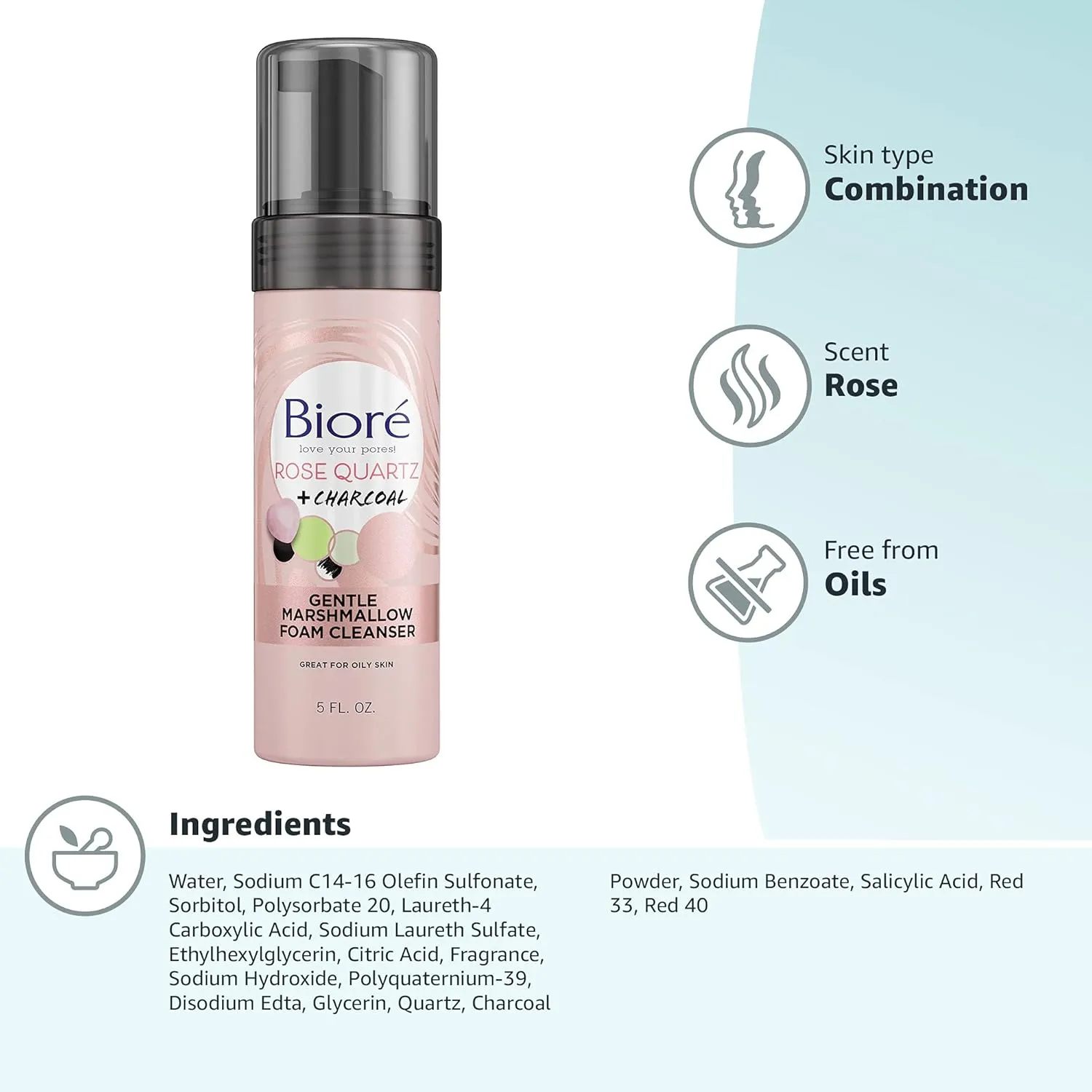 Bioré Rose Quartz   Charcoal Gentle Marshmallow Foam Cleanser, Daily Foaming Face Wash, 5 Ounces, Oil Free, Dermatologist Tested, Non-Comedogenic, Cruelty Free, Vegan Friendly
