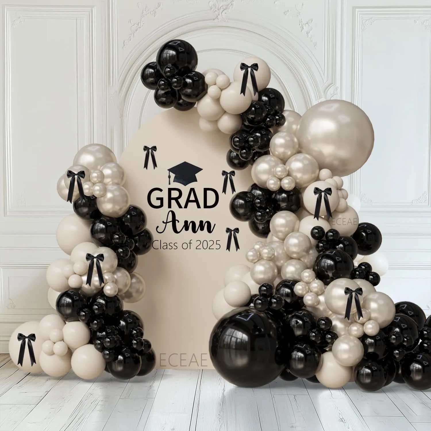 Black and White Champagne Bow Balloon Arch Kit Double-stuffed Pearl Beige Cream Balloons for 2025 Graduation, Prom, Birthday, Retro Bridal Shower, Wedding,Coquette Bride Party Decorations