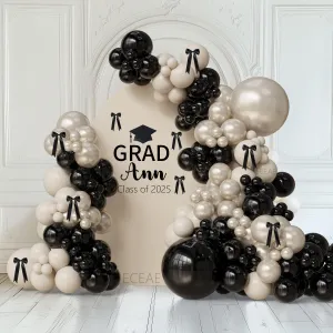 Black and White Champagne Bow Balloon Arch Kit Double-stuffed Pearl Beige Cream Balloons for 2025 Graduation, Prom, Birthday, Retro Bridal Shower, Wedding,Coquette Bride Party Decorations