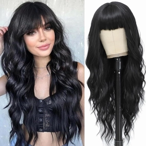 Black Wig with Bangs for Women Long Black Wavy Wigs 26 Inch Natural Black Wigs Natural Looking Heat Resistant Synthetic Wig for Daily Party Use