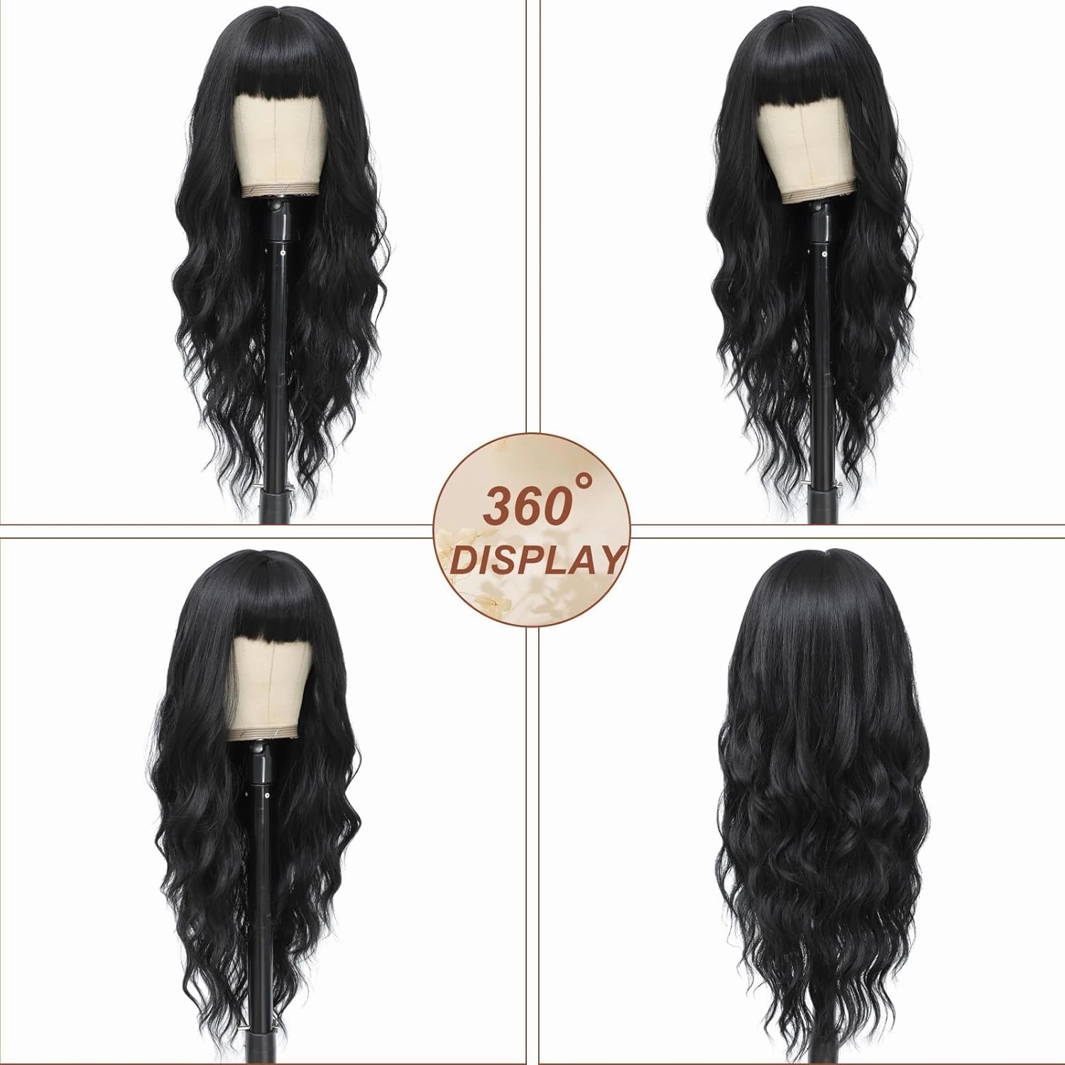 Black Wig with Bangs for Women Long Black Wavy Wigs 26 Inch Natural Black Wigs Natural Looking Heat Resistant Synthetic Wig for Daily Party Use