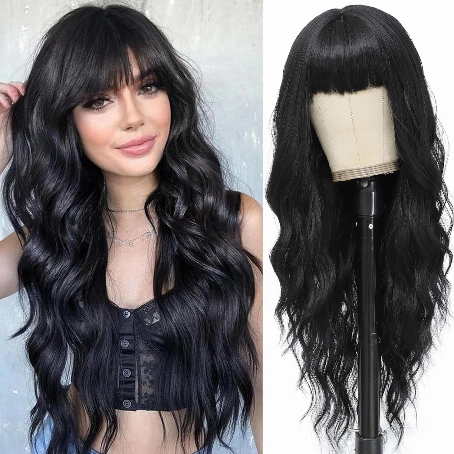 Black Wig with Bangs for Women Long Black Wavy Wigs 26 Inch Natural Black Wigs Natural Looking Heat Resistant Synthetic Wig for Daily Party Use
