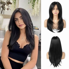 Black Wigs for Women 22 Inch Layered Wig With Bangs Natural Looking Shoulder Length Wig Heat Resistant Synthetic Fibre Wigs for Daily Party Use(Black)
