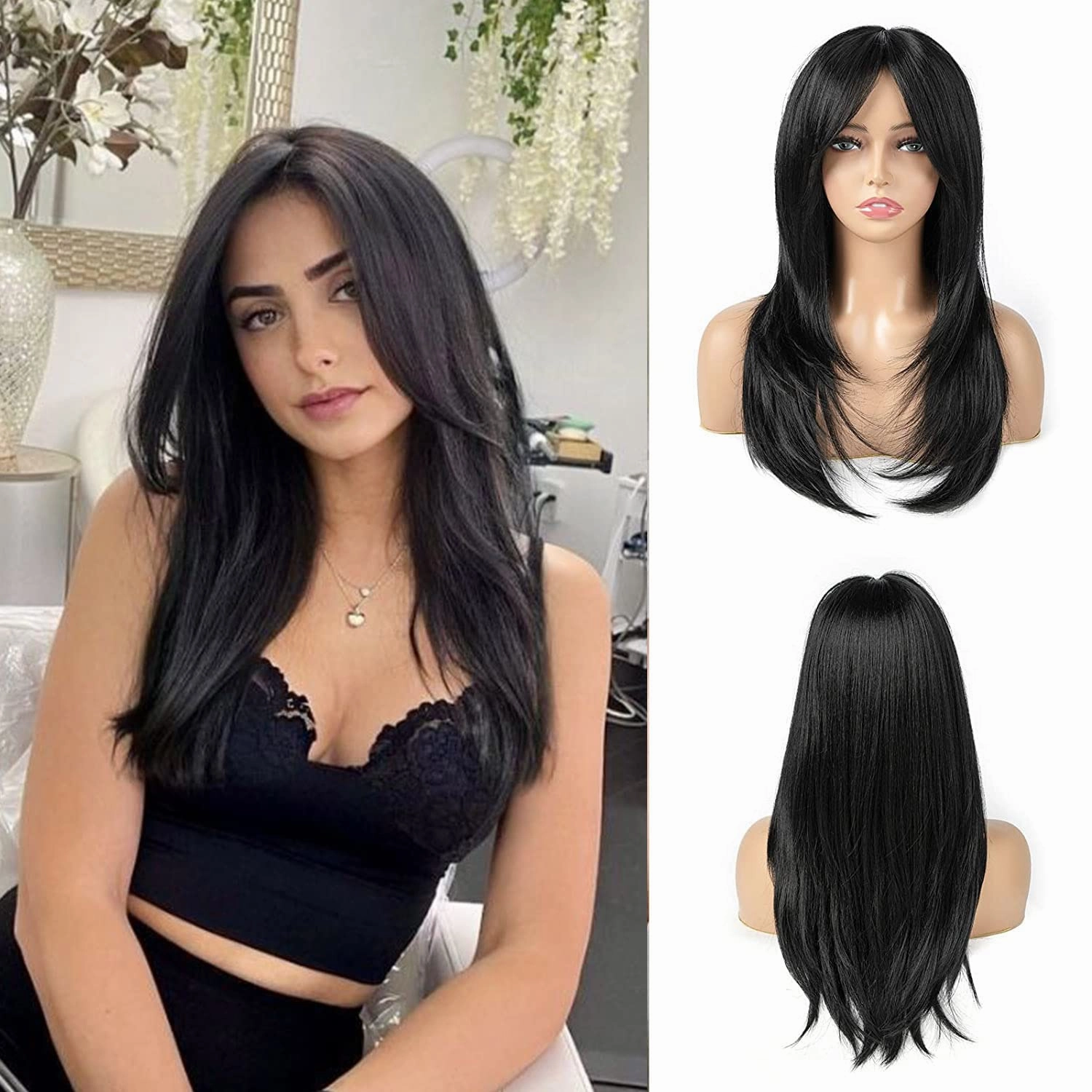 Black Wigs for Women 22 Inch Layered Wig With Bangs Natural Looking Shoulder Length Wig Heat Resistant Synthetic Fibre Wigs for Daily Party Use(Black)