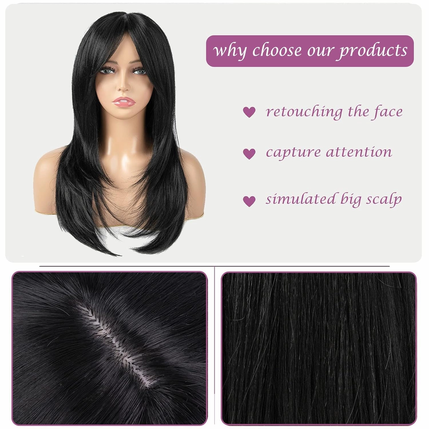Black Wigs for Women 22 Inch Layered Wig With Bangs Natural Looking Shoulder Length Wig Heat Resistant Synthetic Fibre Wigs for Daily Party Use(Black)