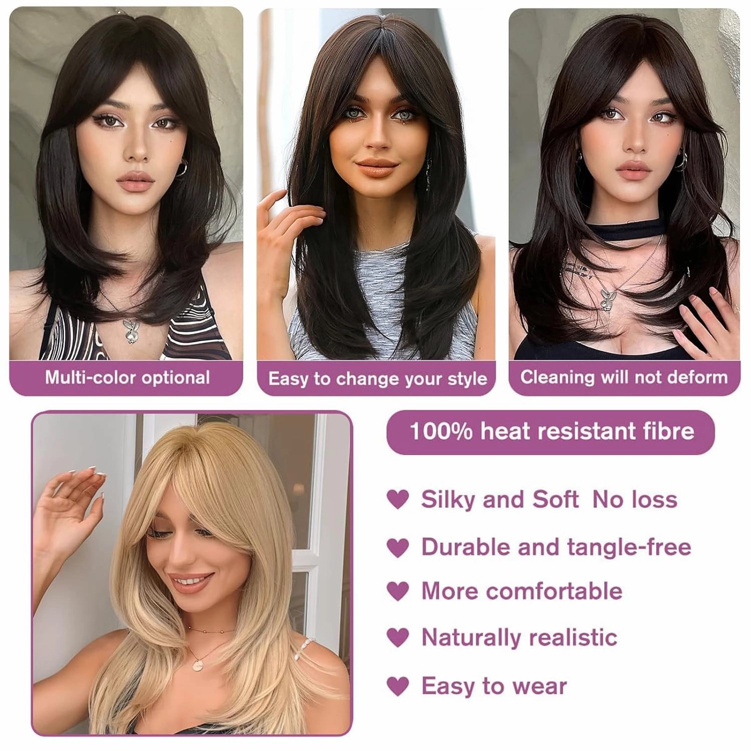 Black Wigs for Women 22 Inch Layered Wig With Bangs Natural Looking Shoulder Length Wig Heat Resistant Synthetic Fibre Wigs for Daily Party Use(Black)