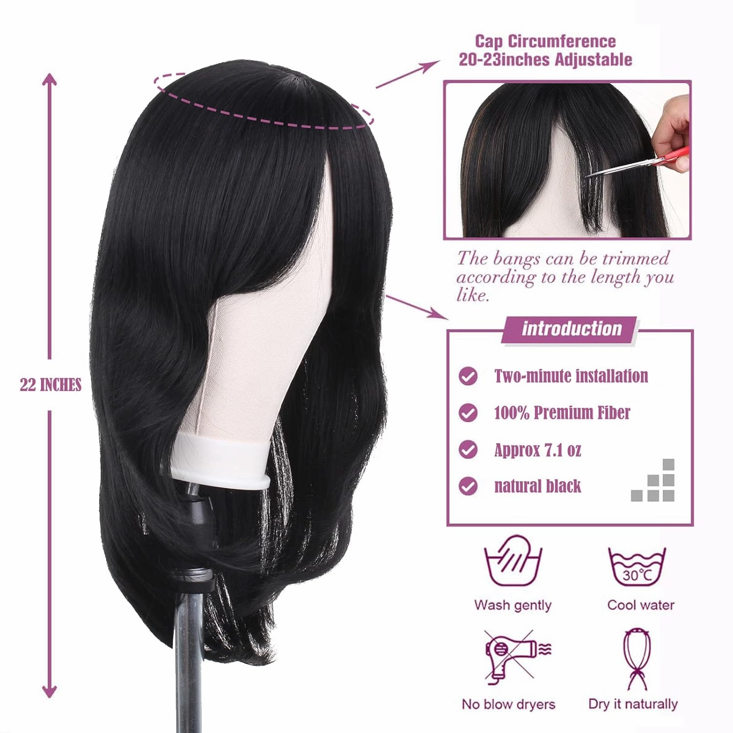 Black Wigs for Women 22 Inch Layered Wig With Bangs Natural Looking Shoulder Length Wig Heat Resistant Synthetic Fibre Wigs for Daily Party Use(Black)