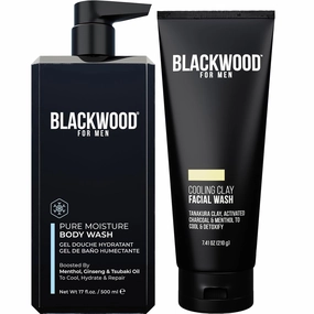 Blackwood For Men Body (17 oz) & Face Wash (7.41 oz) Bundle - for Sensitive Skin, Workout Recovery, Deep Cleansing, Acne - Infused with Ginseng, Menthol, Charcoal & Clay - Sulfate Free, Paraben Free