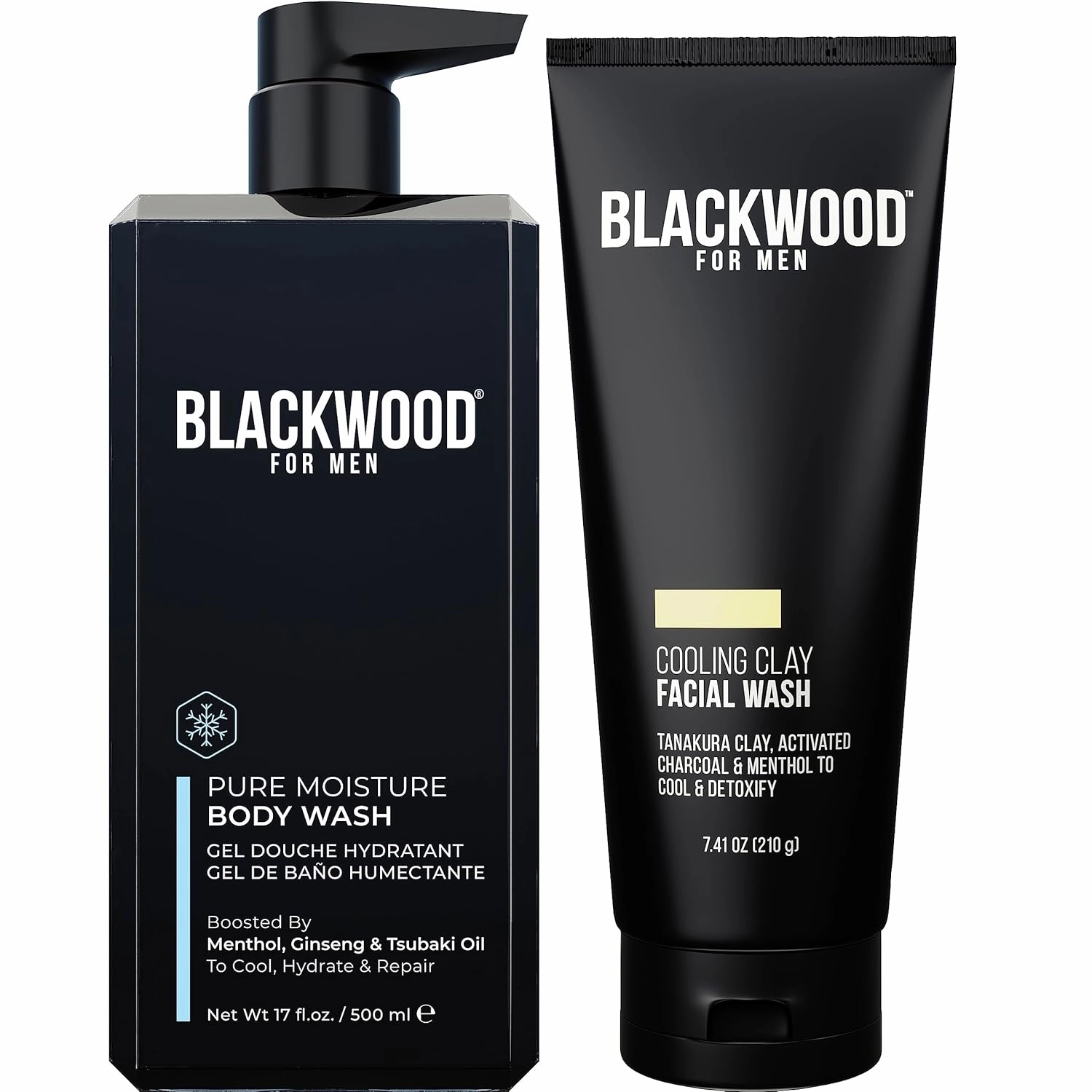 Blackwood For Men Body (17 oz) & Face Wash (7.41 oz) Bundle - for Sensitive Skin, Workout Recovery, Deep Cleansing, Acne - Infused with Ginseng, Menthol, Charcoal & Clay - Sulfate Free, Paraben Free