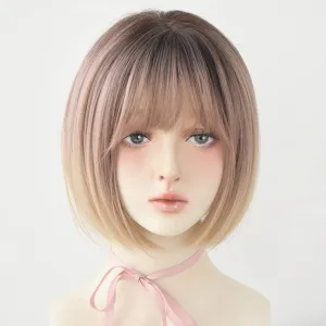 Blonde Short Bob Wig Straight Rose Golden Bob Wig with Bangs Synthetic Straight Bob Wig for Women Natural Looking for Daily Use (Rose Gold)