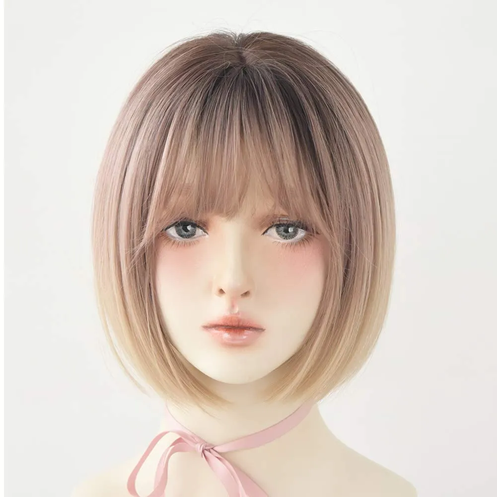 Blonde Short Bob Wig Straight Rose Golden Bob Wig with Bangs Synthetic Straight Bob Wig for Women Natural Looking for Daily Use (Rose Gold)