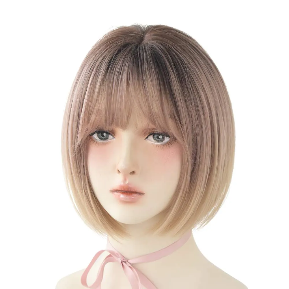 Blonde Short Bob Wig Straight Rose Golden Bob Wig with Bangs Synthetic Straight Bob Wig for Women Natural Looking for Daily Use (Rose Gold)
