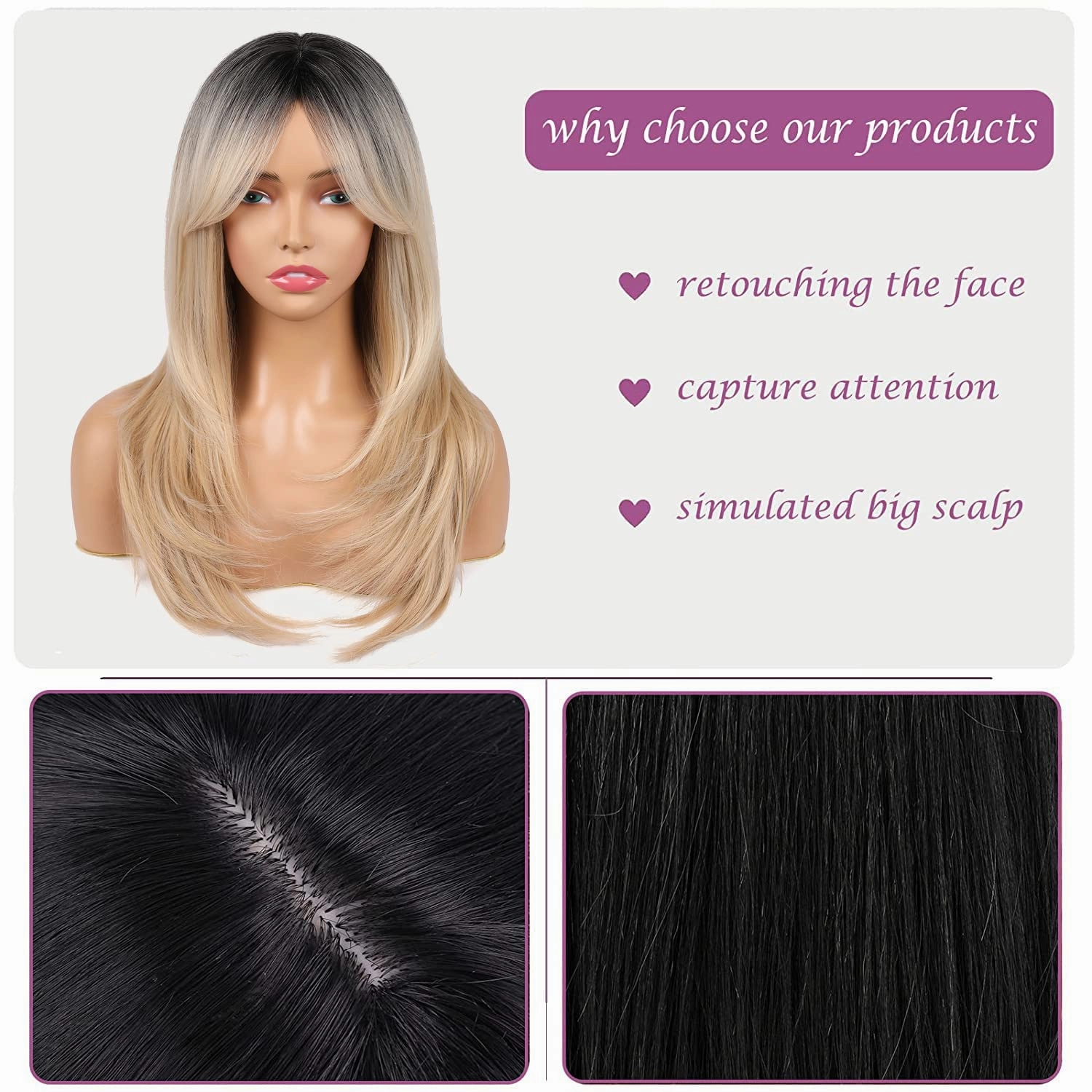 Blonde Wig With Bangs 22 Inch Layered with Black Roots Shoulder Length Wigs for Women Ombre Color Wig Natural Looking Synthetic Hair Wig for Daily Party Use(Ombre Blonde)