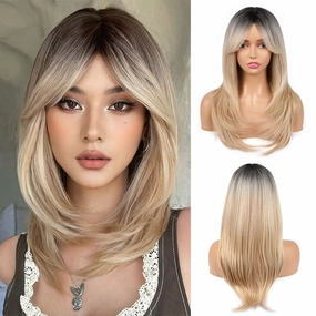 Blonde Wig With Bangs 22 Inch Layered with Black Roots Shoulder Length Wigs for Women Ombre Color Wig Natural Looking Synthetic Hair Wig for Daily Party Use(Ombre Blonde)