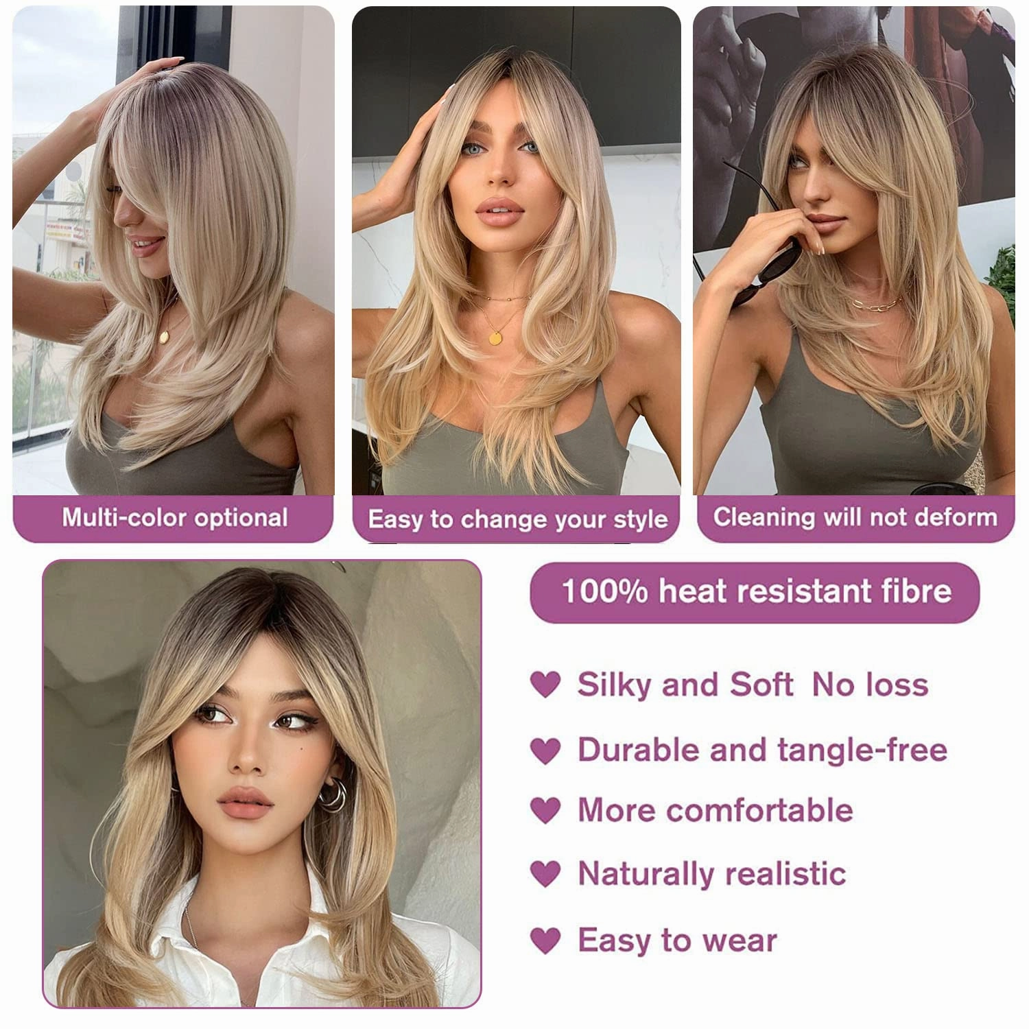 Blonde Wig With Bangs 22 Inch Layered with Black Roots Shoulder Length Wigs for Women Ombre Color Wig Natural Looking Synthetic Hair Wig for Daily Party Use(Ombre Blonde)