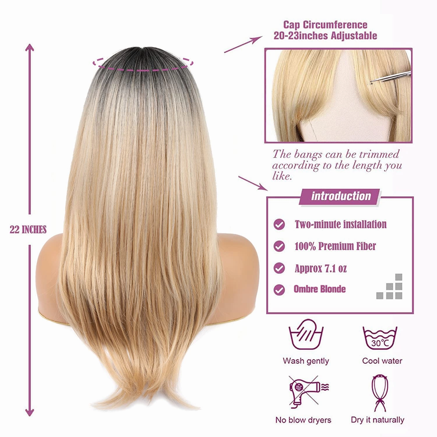 Blonde Wig With Bangs 22 Inch Layered with Black Roots Shoulder Length Wigs for Women Ombre Color Wig Natural Looking Synthetic Hair Wig for Daily Party Use(Ombre Blonde)