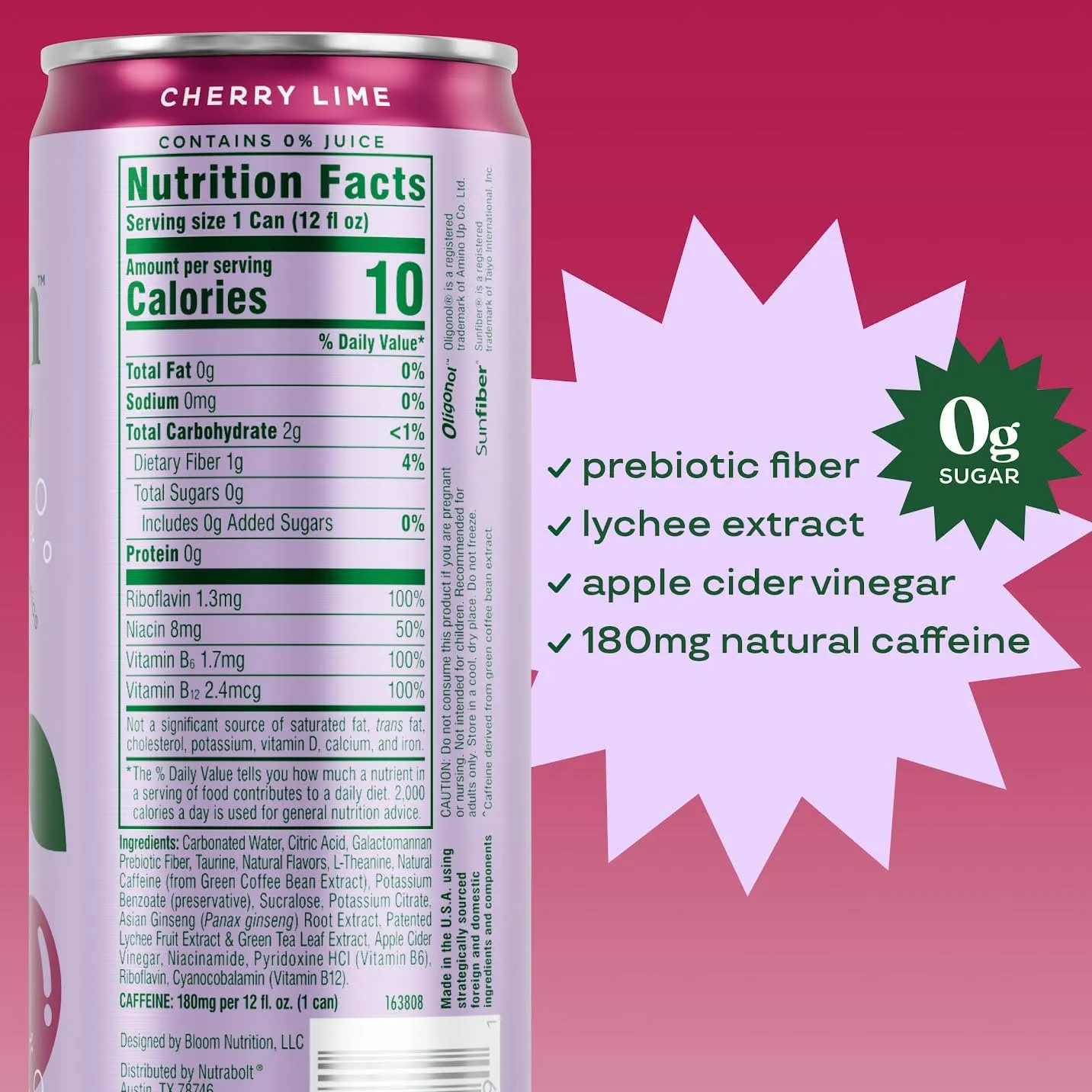 Bloom Nutrition Sparkling Energy Drink - Natural Caffeine, Zero Sugar, 180mg Caffeine - Antioxidant-Rich w/Green Coffee Bean, Green Tea Extract, Prebiotics - Wellness Beverage for Focus & Metabolism 12oz 12 pk
