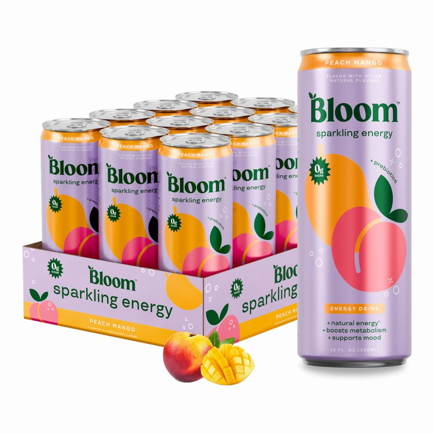 Bloom Nutrition Sparkling Energy Drink - Natural Caffeine, Zero Sugar, 180mg Caffeine - Antioxidant-Rich w/Green Coffee Bean, Green Tea Extract, Prebiotics - Wellness Beverage for Focus & Metabolism 12oz 12 pk