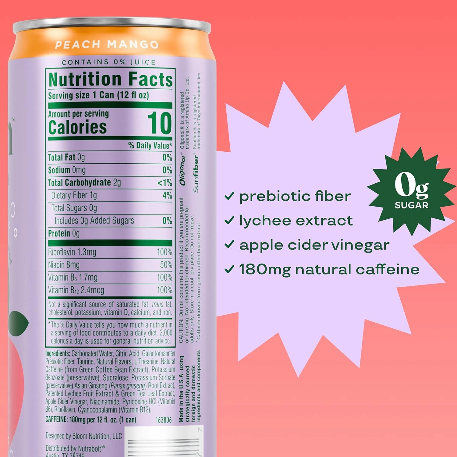 Bloom Nutrition Sparkling Energy Drink - Natural Caffeine, Zero Sugar, 180mg Caffeine - Antioxidant-Rich w/Green Coffee Bean, Green Tea Extract, Prebiotics - Wellness Beverage for Focus & Metabolism 12oz 12 pk