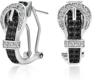 Blue Black Brown Pave Cubic Zirconia CZ 3D Belt Buckle Stud Drop Earrings Hoops For Women Omega Back Silver 14K Gold Plated Brass