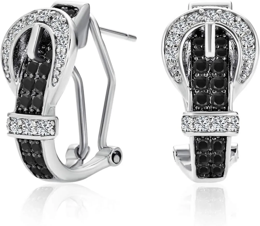 Blue Black Brown Pave Cubic Zirconia CZ 3D Belt Buckle Stud Drop Earrings Hoops For Women Omega Back Silver 14K Gold Plated Brass