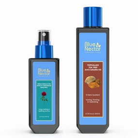 Blue Nectar Aromatic Bliss Bundle: Uplifting Body Mist with Himalayan Rose & Cardamom   Ayurvedic Body Oil with Tea Tree & Triphala for Freshness and Glow (3.4 Fl oz & 6.76 Oz)