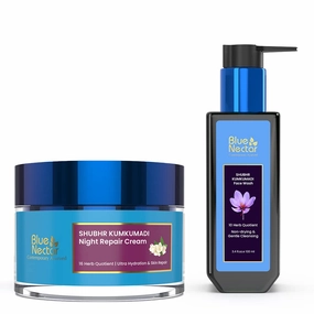 Blue Nectar Ayurveda Kumkumadi Combo Products for Face, Kumkumadi Face Cream 1.7 Oz and Kumkumadi Face Wash 6.76 Fl oz with Saffron, Ghee and Ayurvedic Herbs