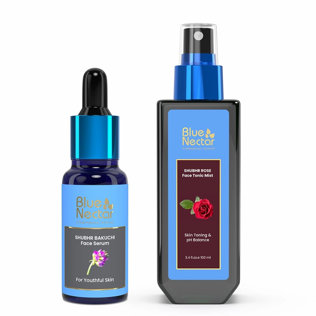 Blue Nectar Natural Rose Face Toner for Glowing Skin & Pore Tightening(3.38Fl Oz) & along with Bakuchiol Anti Aging Serum for Fine Lines (1 Fl Oz)