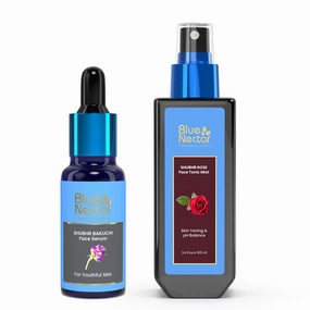Blue Nectar Natural Rose Face Toner for Glowing Skin & Pore Tightening(3.38Fl Oz) & along with Bakuchiol Anti Aging Serum for Fine Lines (1 Fl Oz)