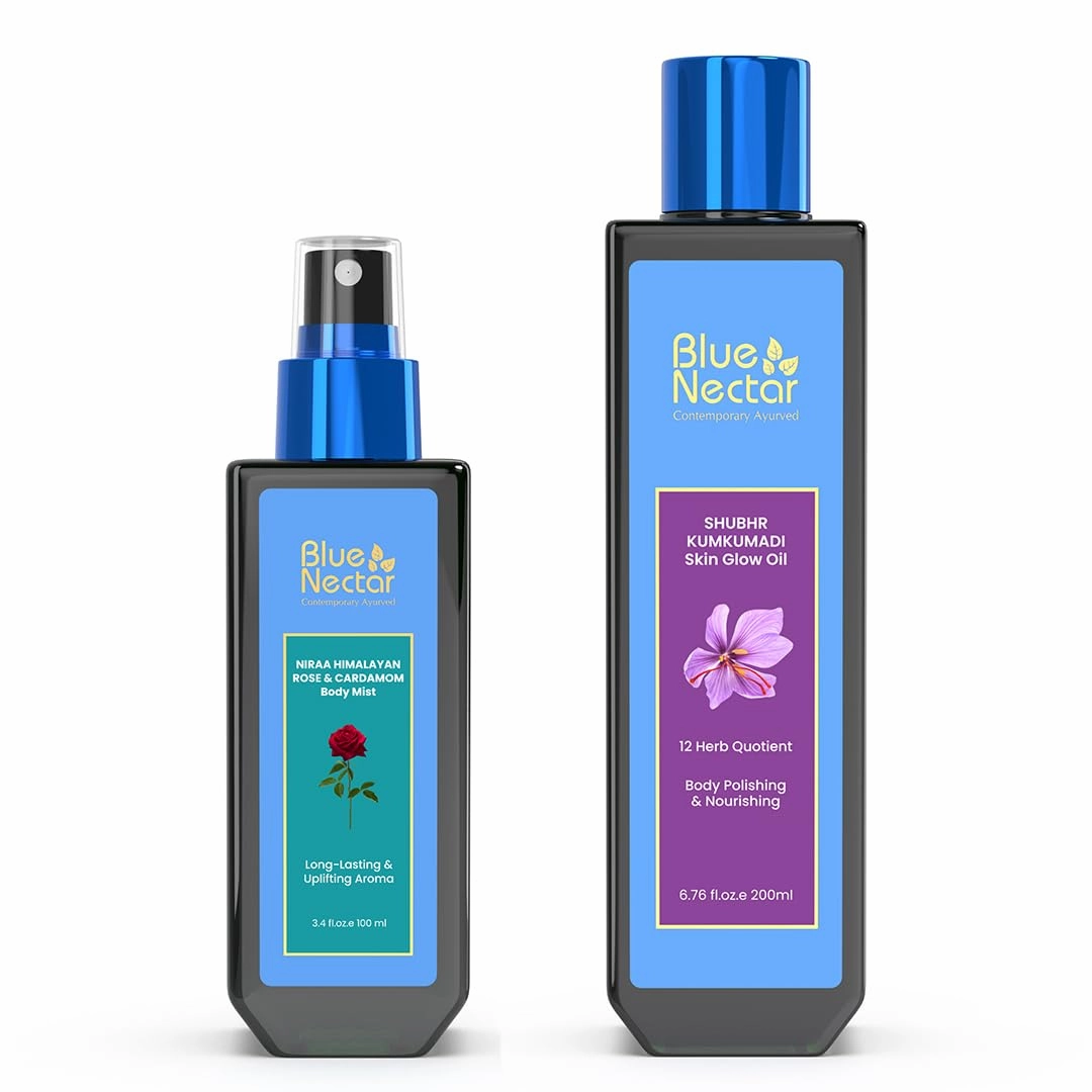 Blue Nectar Ultimate Ayurvedic Radiance Bundle: Himalayan Rose Body Mist & Kumkumadi Saffron Glow Oil Duo for Lasting Freshness & Skin Radiance