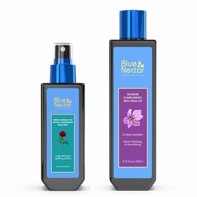 Blue Nectar Ultimate Ayurvedic Radiance Bundle: Himalayan Rose Body Mist & Kumkumadi Saffron Glow Oil Duo for Lasting Freshness & Skin Radiance