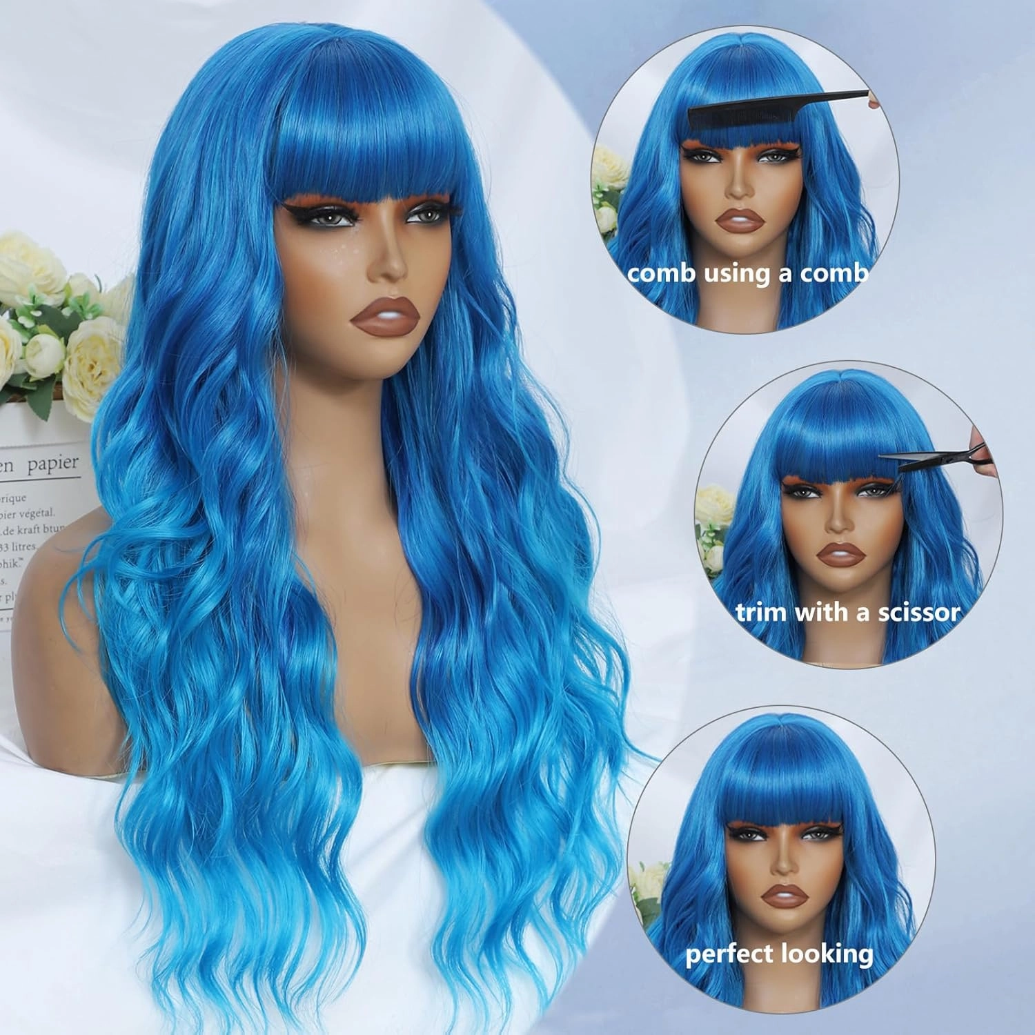 Blue Wig with Bangs for Women Long Ombre Blue Wavy Wigs 26 Inch Blue Wigs Natural Looking Heat Resistant Synthetic Wig for Daily Party Use