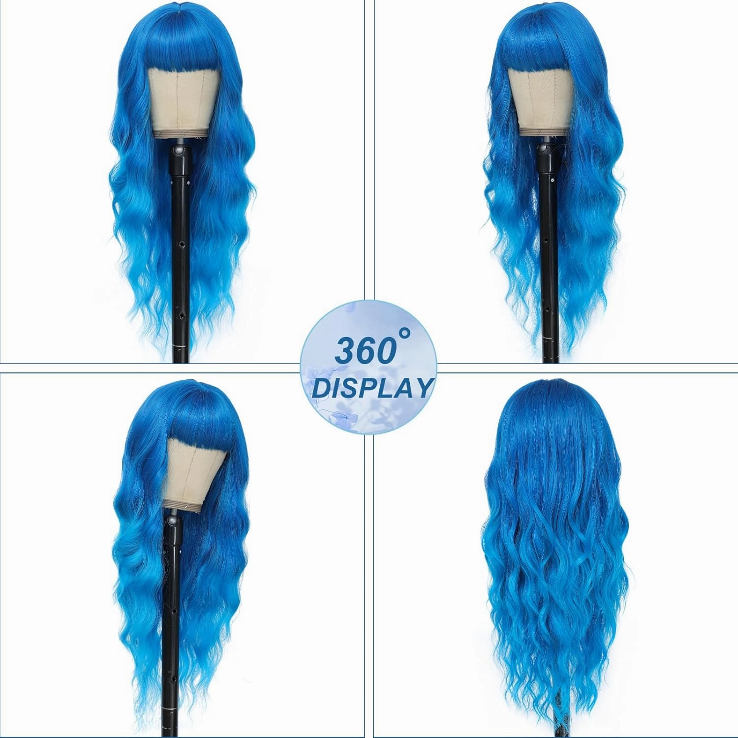 Blue Wig with Bangs for Women Long Ombre Blue Wavy Wigs 26 Inch Blue Wigs Natural Looking Heat Resistant Synthetic Wig for Daily Party Use